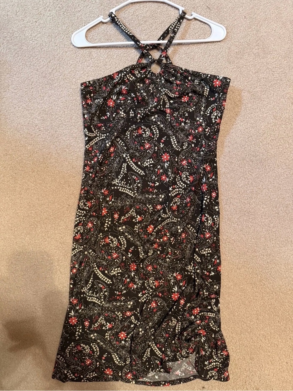 LOFT Black Paisley Floral Midi Dress with Crisscross Halter